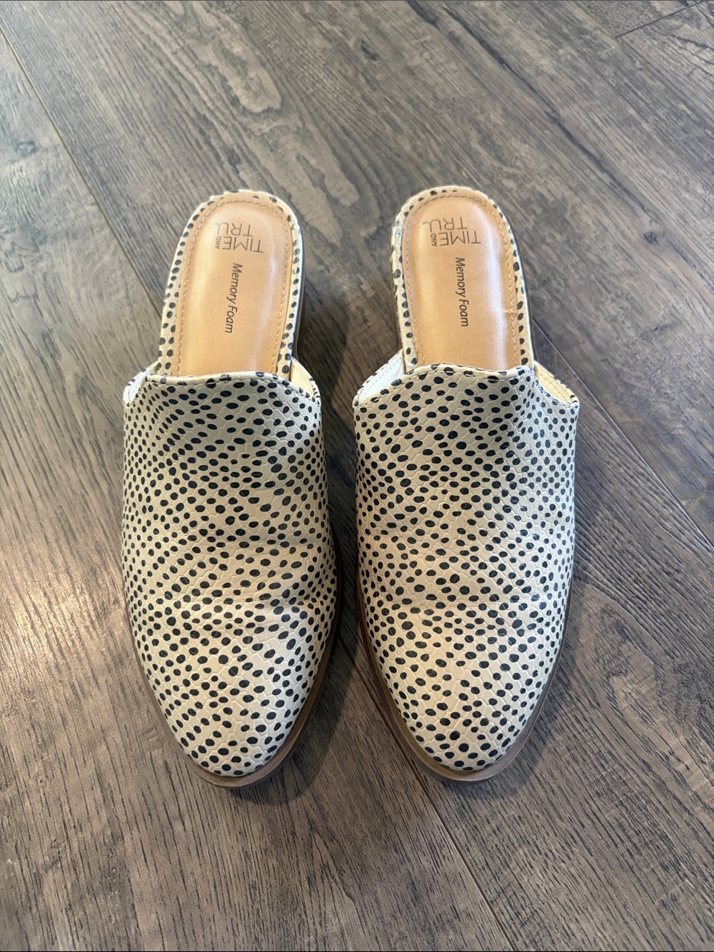 Time and Tru Cream and Black Dotted Slip-On Mules